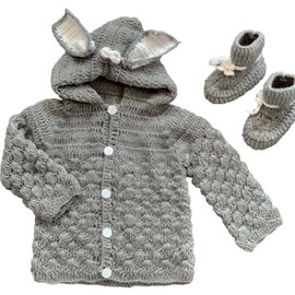 KiwiPod Hand Knitted Baby Boys & Girls Bunny Ears Soft Wool Hoodie Long Sleeve Sweater Cardigan Set Grey White, 0-6 Months