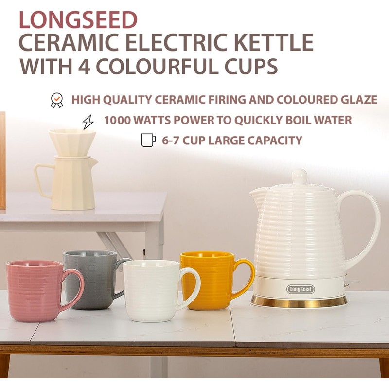 1.26 Quarts Ceramic Electric Kettle with Infuser & Cups Kit,