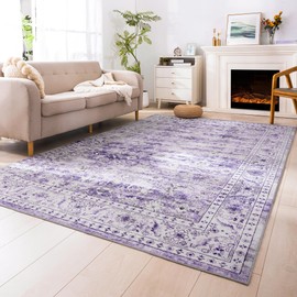 Carvapet Purple Living Room Rug 8x10 Large Washable Area Rug Ultra Soft Vintage Rugs Stain Resistant Carpets Foldable Machine Washable Low Pile Bedroom Rug Featuring Rubber Backing
