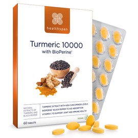 healthspan Healthspan Turmeric 10,000mg with BioPerine Black Pepper Extract (2 Months' Supply) | High Potency Turmeric Extract | Supports Immune, Bone & Cartilage Health | BioPerine aids Absorption | Vegan