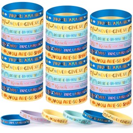 Poen 48 Pcs Boho Motivational Silicone Wristbands Boho Rainbow Silicone Bracelets Motivational Quote Rubber Wristband Bulk Inspirational Silicone Bracelet for Kids Women Men Teen Classroom Favors