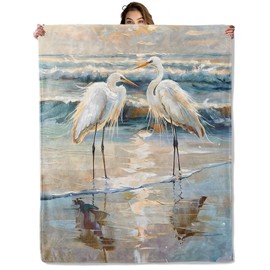 Beach Heron Blanket 50x60 in, Flannel Throw Blankets for Travel Camping Sofa Living Room Decor, Lightweight Cozy Soft Fuzzy Gifts for Women Adults Kids