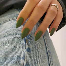 Olive Green False Nails Medium, SXVME Green Press on Nails Almond Solid Color Full Cover Fake Nails Medium Almond Nails Press on Stiletto Glue on Nails Stick on Nails for Women DIY Nail Art 24 Pcs