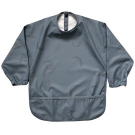 STL Products Long Sleeve Waterproof Coverall Baby Weaning Feeding Bib With Catch All Pocket For Ages 6 To 36 Months (Navy With Fruit Pattern)