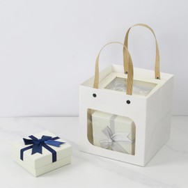 Nicerity 12Pcs Small Square Gifts Bag with Transparent Window 5.9"x5.9"x5.9" Paper Bag with Handle in Bulk Paper Basket for Birthday Party Favor (White)