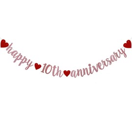 Happy 10th Anniversary Banner, Pre-Strung,Rose Gold Glitter Paper Garlands for 10th Wedding Anniversary Party Decorations Supplies, No Assembly Required,(Rose Gold) SUNbetterland