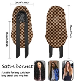 BHAHB Silk Feeling Long Satin Bonnet for Sleeping Adjustable Double Layer Elastic Reusable Long Hair Caps Cute Aesthetic for Women Girls (L6-Checker)