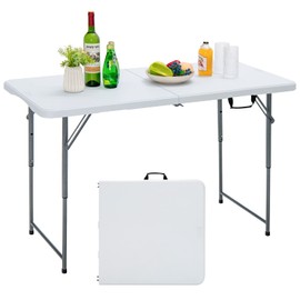Tangkula 4 ft Folding Table, Portable Picnic Table with 3 Adjustable Height, Carrying Handle, Heavy Duty Fold-in-Half Plastic Outdoor Table for Camping, Dining, BBQ, Party, No Assembly Needed
