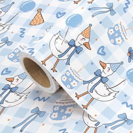 WRAPAHOLIC Silly Gooses Birthday Wrapping Paper Roll - Mini Roll - 17 Inch x 16.5 Feet - Blue Party Goose Wrapping Paper with Plaid Design Perfect for Boys Birthday, Baby Shower