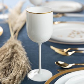 EcoQuality Plastic White Wine Glasses with Gold Rim - 12 oz Wine Glass with Stem, Disposable Shatterproof Wine Goblets, Reusable, Elegant Drink Cups Tumbler for Weddings, Party, Receptions (60 PACK)