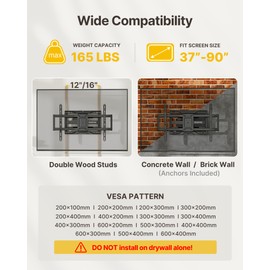 monTEK Heavy Duty TV Wall Mount for 37-90 inch TV up to 165lbs, 4X Load Tested, Full Motion with Dual Articulating Arms, Tool-Free Tilt, Swivel & Extend, VESA 200x100 to 600x400, Fits 12“/16" Studs