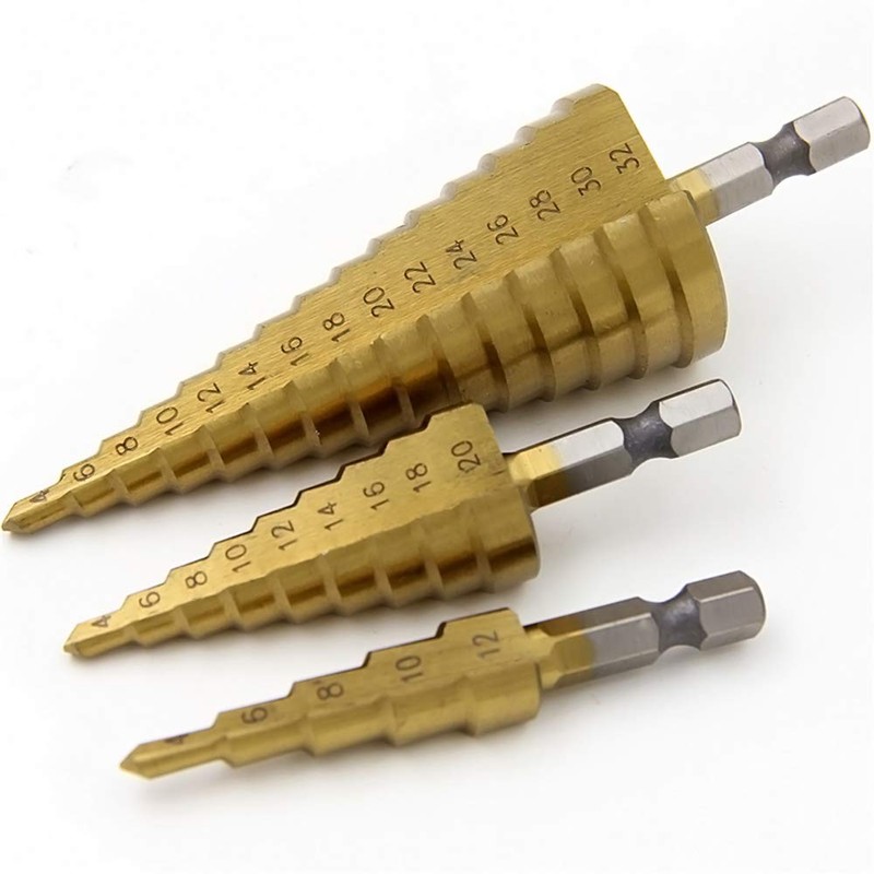 Mengshen HSS Step Cone Drill Set 3-Piece Set 4-12mm/4-20mm/4-32mm, Titanium