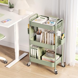 TOOLF 3 Tier Rolling Cart Storage Organizer, Metal Rolling Utility Cart with Wheels, Hooks & Bins Esthetician Craft Art Sturdy Storage with Pegboard for Bathroom, Kitchen, Office, Nursery Diaper