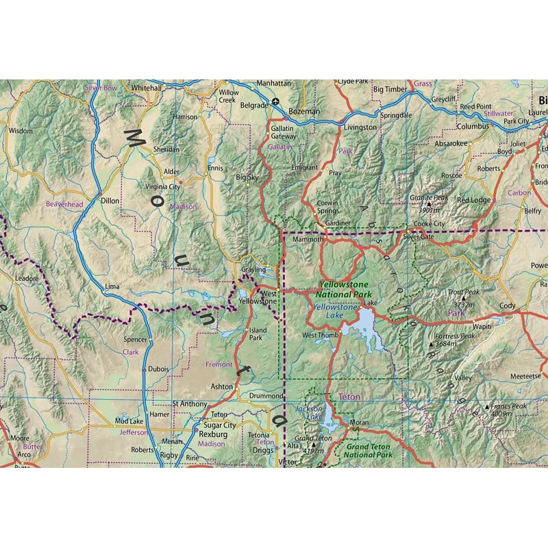 Tiger Moon Montana, Idaho and Wyoming Physical Map - 16.5
