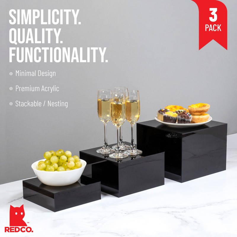 Red Co. Set of 3 Glossy Black Acrylic Cube Display