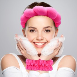 NOVIIML eadband for Washing Face Wristband Set Sponge Makeup Skincare Terry Cloth Bubble Soft Get Ready Hairband for Women Girl Puffy Padded Headwear Non Slip Thick Hair Accessory(Hot Pink)