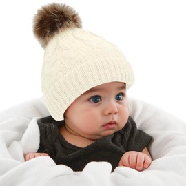Durio Toddler Winter Hat for Girl Boy Warm Knit Baby Beanie Cute Pom Pom Winter Hat for Baby Infant Newborn Beanie 0-3 Years White 0-12 Months