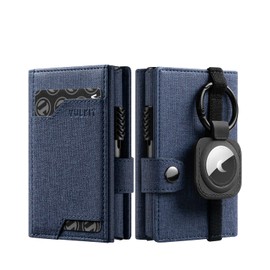 VULKIT Airtag Wallet for Men RFID Blocking Credit Card Holder with Banknote Compartment & ID Window Pop Up Wallet with Removable AirTag Holder Keyring, Blue