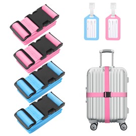 Flintronic 4 Pcs Luggage Straps with Luggage Tags, Adjustable Packing Belts for Suitcases Security Non-Slip Travel Belt Travel Accessories（Pink/Blue）