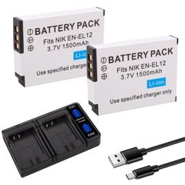2-Pack EN-EL12 Battery with Charger for Nikon Coolpix A900 A1000 B600 W300
