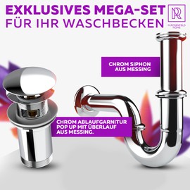 M. ROSENFELD HOME Pop-Up Drain Fitting with Overflow + Universal Pipe Siphon for Washbasin, Washbasin, Odour Trap Made of Brass