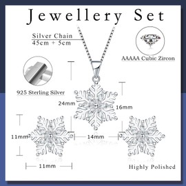 Estrellique Silver Snowflake Jewellery Set for Women, 925 Sterling Silver Snowflake Pendant Necklace & Stud Earrings, Jewellery Set with White Zirconia & 45+5cm Chain, Jewellery Set Gift for Christmas