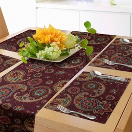ABAKUHAUS Paisley Table Runner & 4 Pieces Placemats, Medium Pattern Printed Image with Tribal Art and Bohemian Motif, Set for Table Decoration, 180 cm x 40 cm, Burgundy and Dark Mustard