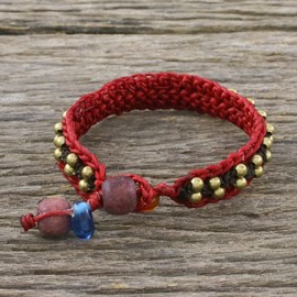 NOVICA Artisan Handmade Brass Beaded Wristband Bracelet in Red from Thailand Wood Glass Gold Tone Braided [7 in min L x 7.75 in max L x 0.6 in W] ' Siam Beauty in Red'