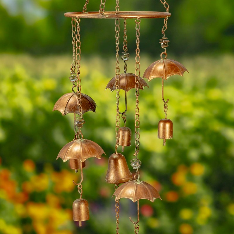 39.75" Long Antique Copper Umbrella Wind Chime with Glass Marbles