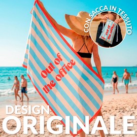 Fisura – Telo mare grande blu a righe con scritta “Out of the office”. Telo in microfibra leggero per piscina, spiaggia o campeggio. Anti sabbia e ad asciugatura rapida. 180 x 100 cm