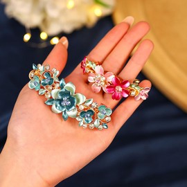 HEREAD Flower Gold French Barrette Hair Clips Leaf Hair Barrettes Rhinestone Vintage Hair Accessories for Women (Pack of 2) (Blue and Pink)