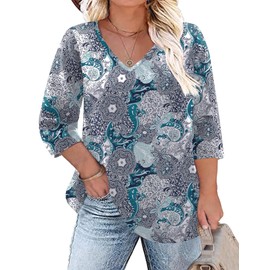 TFSDOD Women Plus Size Tops V Neck 3/4 Sleeve Casual Tshirts Loose Basic Tunic Tees Summer Fashion 2024 Nation Print XL