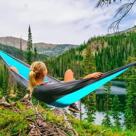 Pro Venture Double Camping Hammock - 10.5 x 6.5 FT (9ft Tree Straps, 2 Carabiners) - 2 Person, Portable, Lightweight Parachute Nylon 210T Hammocks - for Backpacking, Travel, Hiking, Patio (Double)…