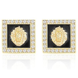 Hip Hop Square Lion Head Crystal Stud Earrings for Women Black Enamel Rhinestones Africa Animal Jewelry (Gold)