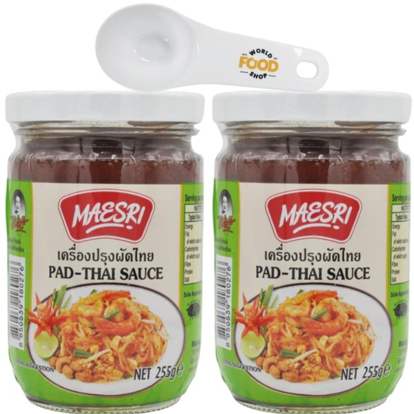 Mae Sri Pad Thai Stir Fry Sauce 255g - Pack of 2 with World Food Shop Scoop - Perfect for Stir-Frying, Rich, Tangy, and Sweet Profile, Crafted with High-Quality Ingredients