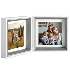 Epecfan Double Hinged 5x5 Picture Frame with Real Glass in WhiteGrey- Display 4x4 with Mat or 5x5 without Mat, Foldable Photo Frame for Tabletop, Nice Gift for Family & Wedding Memories(PS006-GYB5)