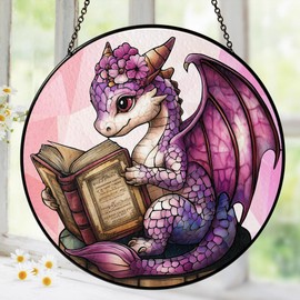 Book Dragon Suncatcher Stained Glass Windows Hanging Decors, Fantasy Book Lovers Gifts for Men Women Girls Kids, Birthday Gift Christmas Dragon Themed Gifts Indoors Outdoors Garden Home Decorations