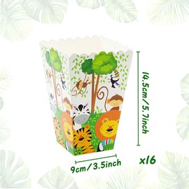 BACH AND BOUJEE 16 PCS Jungle Safari Popcorn Boxes Safari Animal Candy Goodie Boxes Bags for Wild One Jungle Baby Shower Decorations Birthday Party Favors Bags