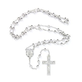 Me Plus 6mm CCB Beads Alloy Crucifix Cross Pendant Rosary Catholic Necklace 20" (R3R-SILVER)