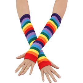 WOWOWO Women Girls Rainbow Striped Long Sleeve Sun Protection Arm Sleeves Fingerless Mittens Gloves Slim Thigh High Leg Warmer Cotton