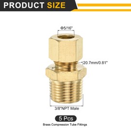 sourcing map 5Pcs Brass Compression Tube Fitting, 5/16" Tube OD x 3/8" NPT Male Connector Straight Coupling Adapter Union Fittings