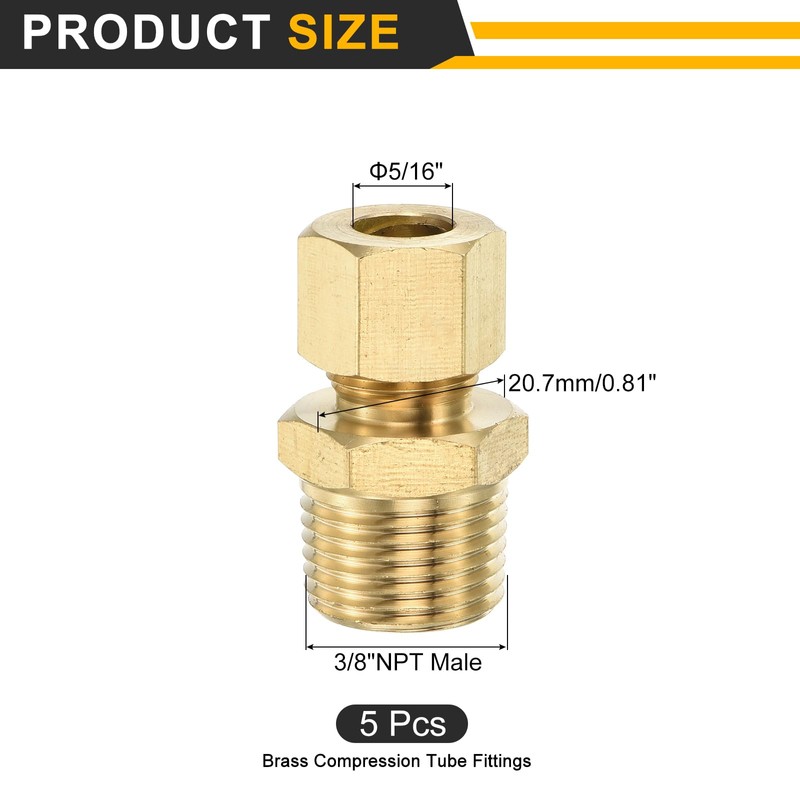 sourcing map 5Pcs Brass Compression Tube Fitting, 5/16" Tube OD