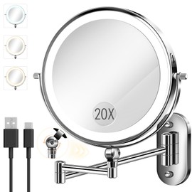 vpu 9" Wall Mounted Makeup Mirror with Light, 20X/1X Height Adjustable Double Sided Magnifying Bathroom Lighted Mirror, 3 Color Touch Dimmable Extended Arm 360 Rotation Light up Magnification Mirrors