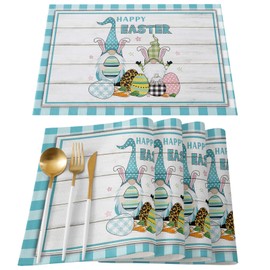 Easter Eggs Gnome Blue Plaid Placemats for Dining Table Set of 4 Washable Fabric Wooden Plank Non Slip Cotton Linen Placemats Heatproof Table Mats for Kitchen