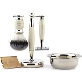 4 Piece Shaving Kit with Double Edge Safety Razor, Synthetic Hair Shaving Brush, Bowl, Stand and Leather case