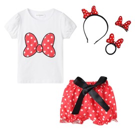 Mud Kingdom Little Girl Short Clothes Sets with Bow Hair Accessory Red 4T