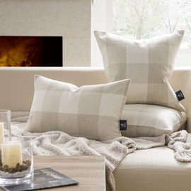 Phantoscope Pack of 2 Buffalo Check Plaid Throw Pillow Covers Farmhouse Plaid Pillow Covers Square Pillow Cases for Christmas Home Decor Off White,20 x 20 Inches