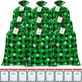 9 Pack Jumbo Christmas Gift Bags Large Xmas Presents Bags Snowflakes Buffalo Plaid Plastic Giant Gift Bags with Gift Tag Cards and String for Holiday Christmas Gifts Decorations (Green)
