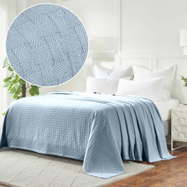 Superior 100% Cotton Basketweave Blanket, Perfect for Bedroom, Living Room, Couch, Picnics, Travel, Beach, or Camping, Comfy Blanket, Bedroom Decor, Essentials, Cover for Bed, King, Light Blue