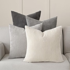 Volcanics Volcanics Set of 4 Neutral Grey Corduroy Decorative Couch Throw Pillow Covers 20x20 Inch, Western Modern Farmhouse Striped Cushion Cases, Soft Boho Square Accent Pillow Covers for Home Sofa
